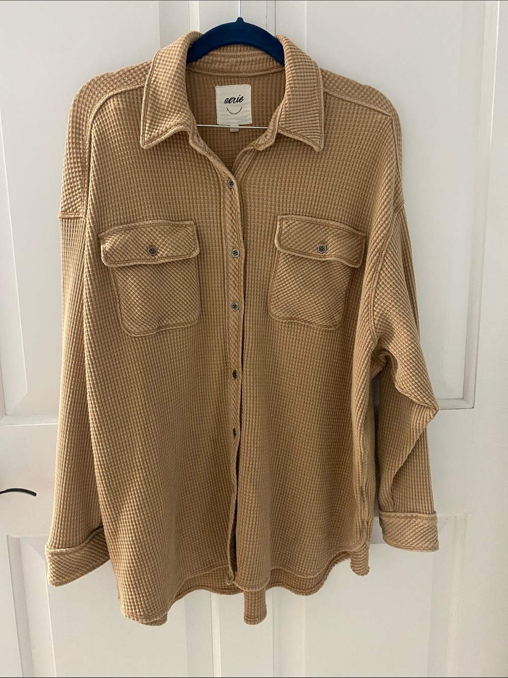aerie Waffle-Knit Button-Front Shirt Jacket - Tan - Picture 1 of 3